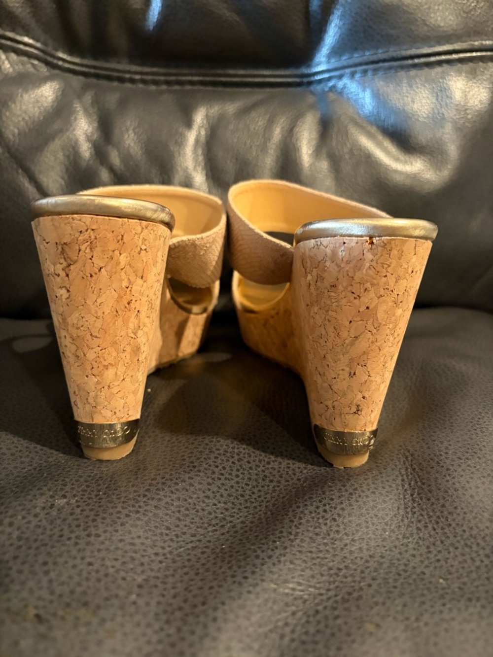 Jimmy Choo Beige Textured Leather Cork Wedge Slides - Picture 4 of 12